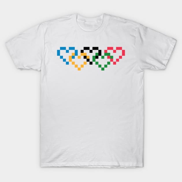 Pixel Heart Shaped Olympic Colored Linked Rings T-Shirt by gkillerb